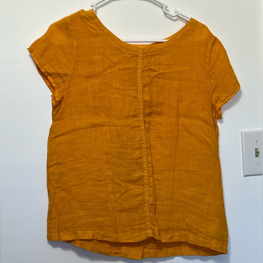 Mustard colored 100% linen button back top